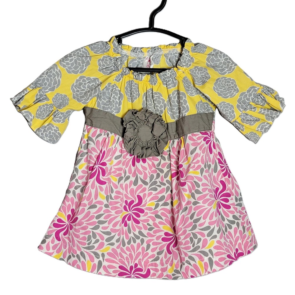 RuffleButts‎ Baby Girls Floral Mixed Print Ruffle Top Dress Yellow Pink 6-12M